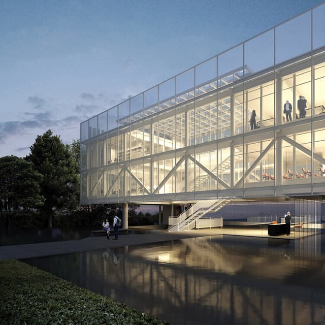 Cinematic glass pavilion exterior with interior structure visible and water reflection